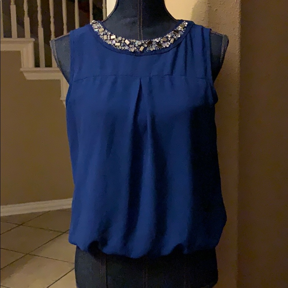 Blue Blouse with Rhinestone Neckline